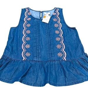 Crown & Ivy Blue Sleeveless Denim Top with Pink Embroidery girls L (12/14) NWT